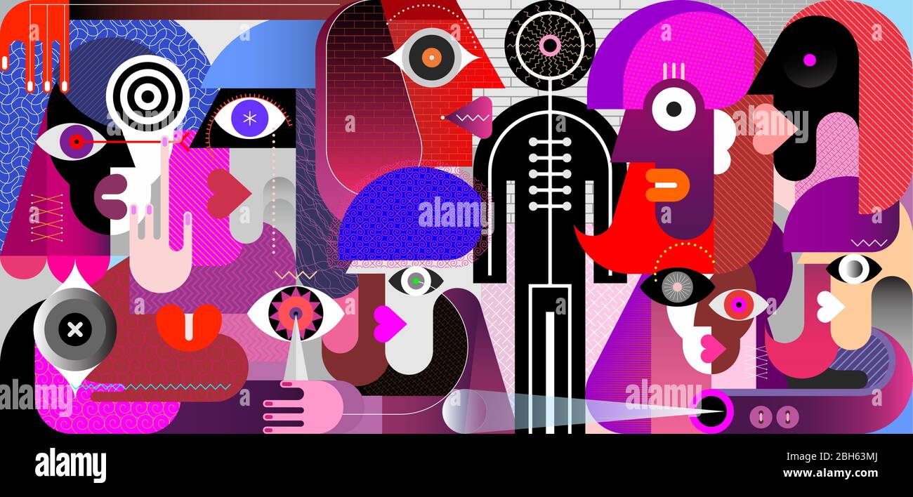 Große Gruppe von Menschen und eine schwarze Schaufensterpuppe. Moderne digitale Kunst Vektor-Illustration. Gemischtes Design mit Menschen-Gesichtern und abstrakten geometrischen Formen. Stock Vektor