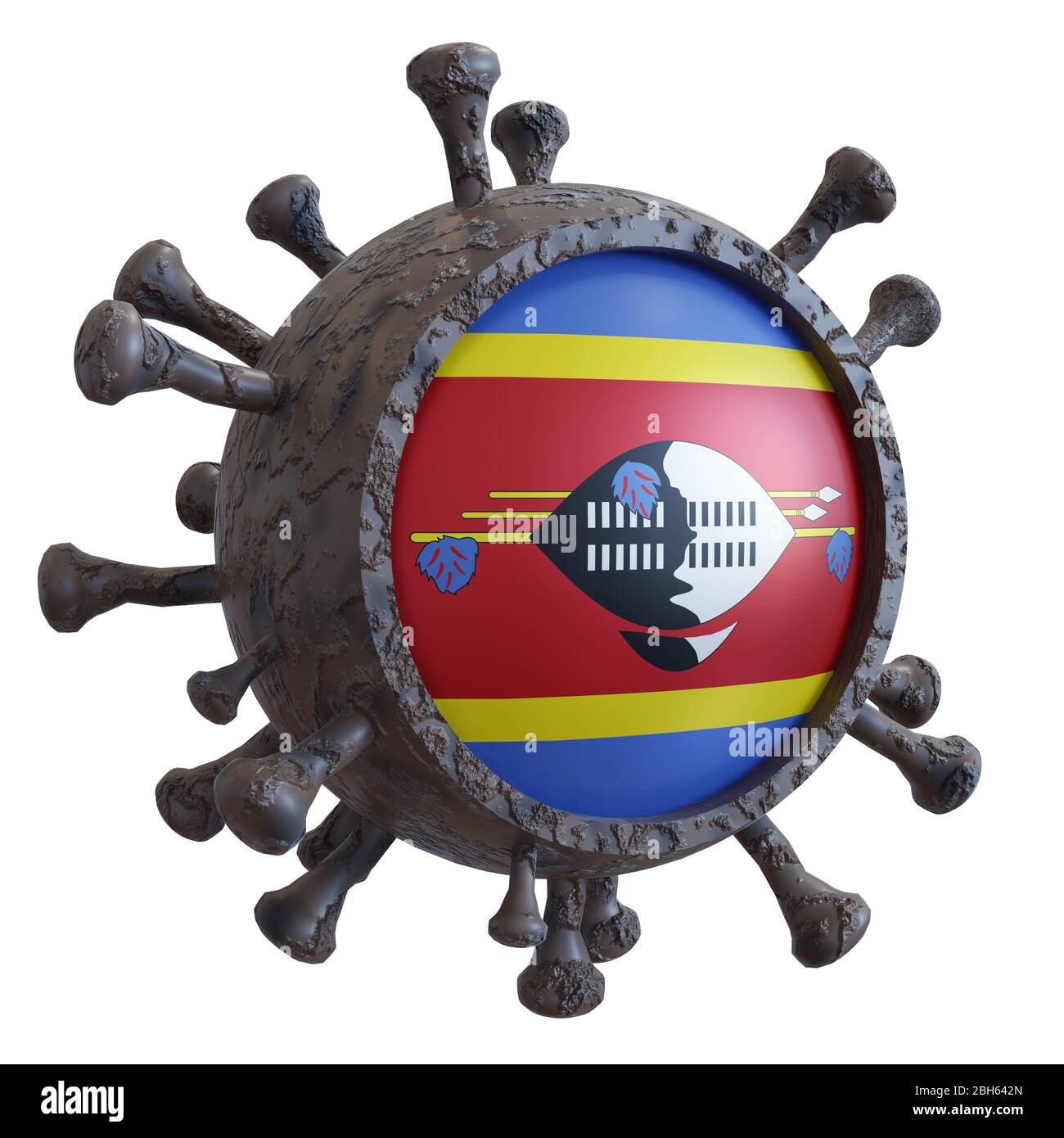 3D-Rendering einer nationalen Swasiland-Flagge über einen Virus-Kovid19. Konzept des Kampfes der Länder gegen die Pandemie. Isoliert auf weißem Hintergrund Stockfoto