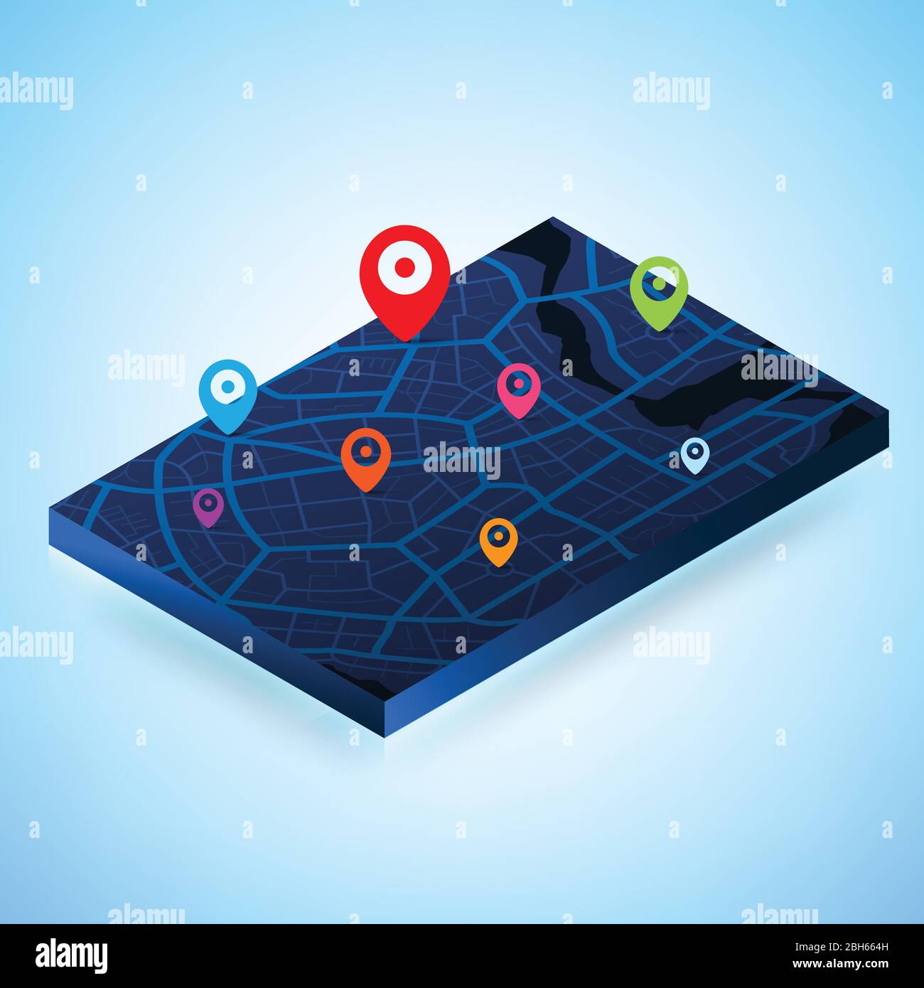 3D Isometrische Karte mit Zielort Punkt, Aerial Clean Draufsicht des Tages Zeit Stadtplan mit Straße und Fluss, Blank urban Imagination map, G Stock Vektor