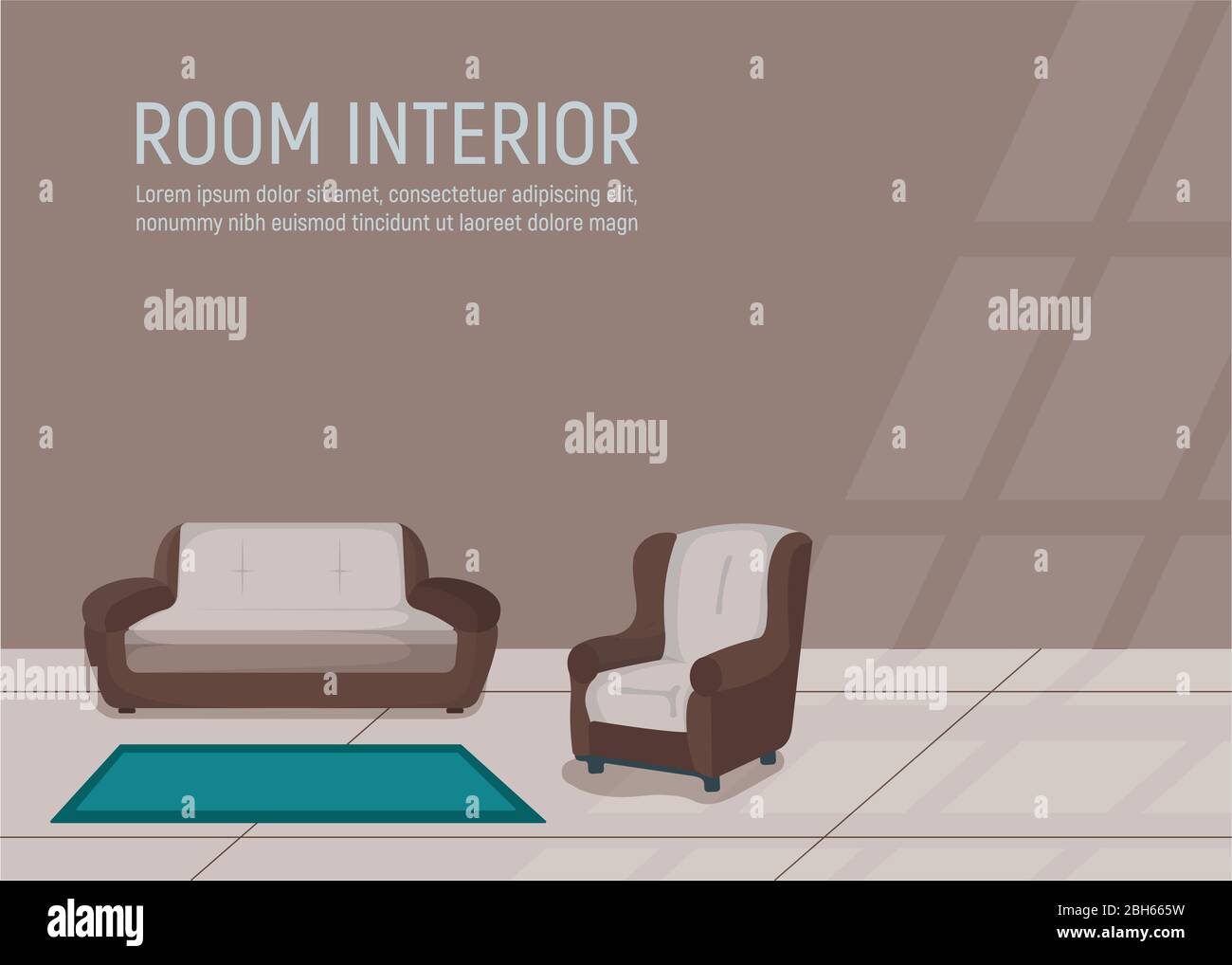 Konzept Home Zimmer Design Interieur, Sofa und Stuhl stehen allein leeren Raum, flache Vektor-Illustration. Modernes Wohnzimmer mit Sessel, minimalistischer Stil. Stock Vektor