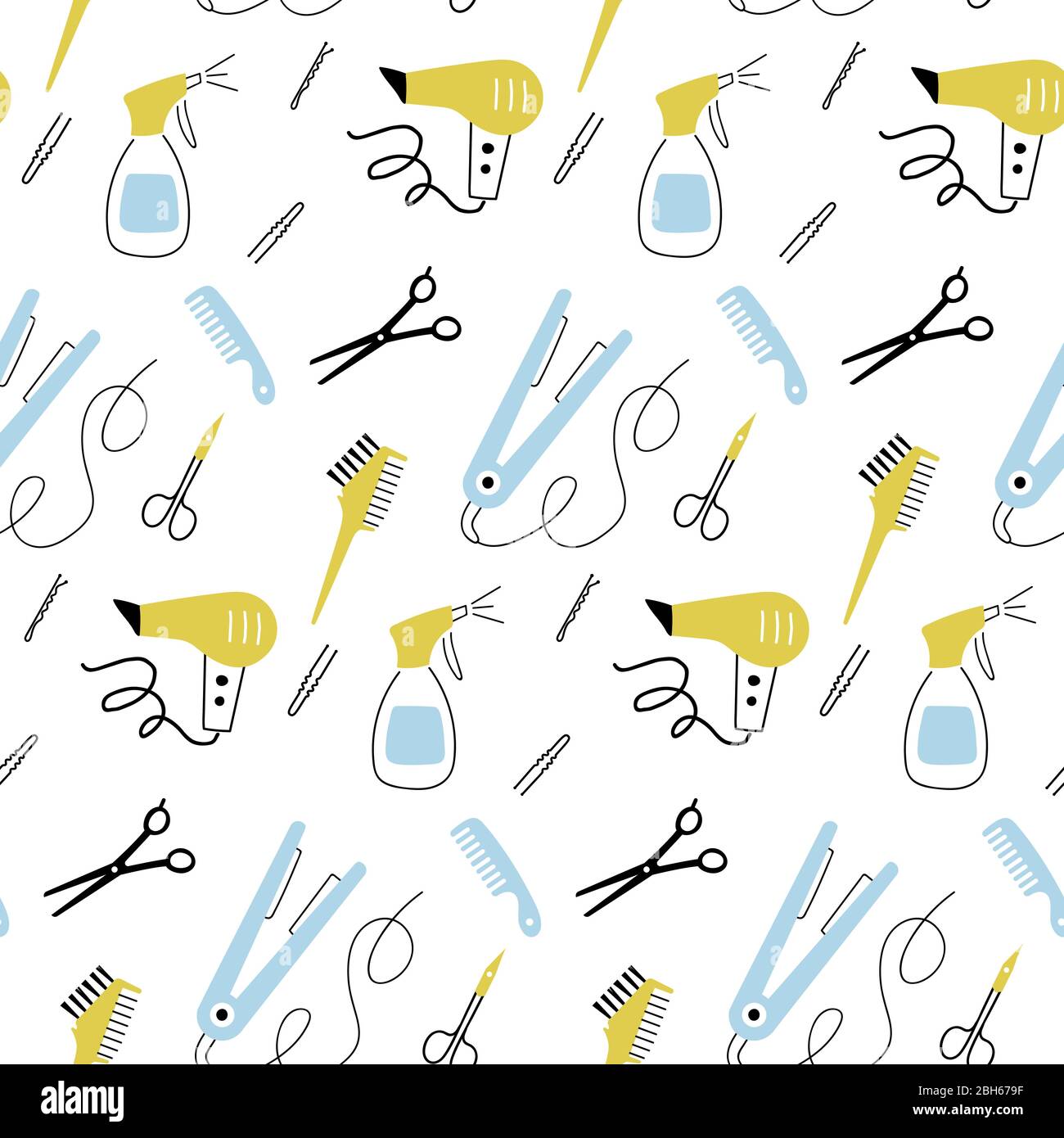 Vektor-nahtloses Muster mit Hand gezeichnet Symbole der Friseursalon. Muster zum Thema Schönheit und Mode. Stock Vektor