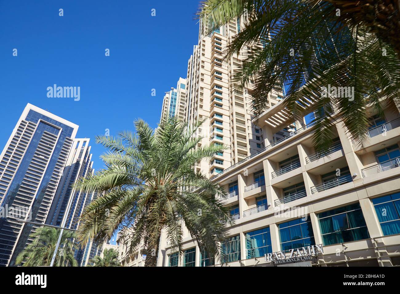 DUBAI, VEREINIGTE ARABISCHE EMIRATE - 22. NOVEMBER 2019: Moderne Wolkenkratzer in der Innenstadt Dubais mit Palmen, niedriger Winkel Blick an einem sonnigen Tag Stockfoto