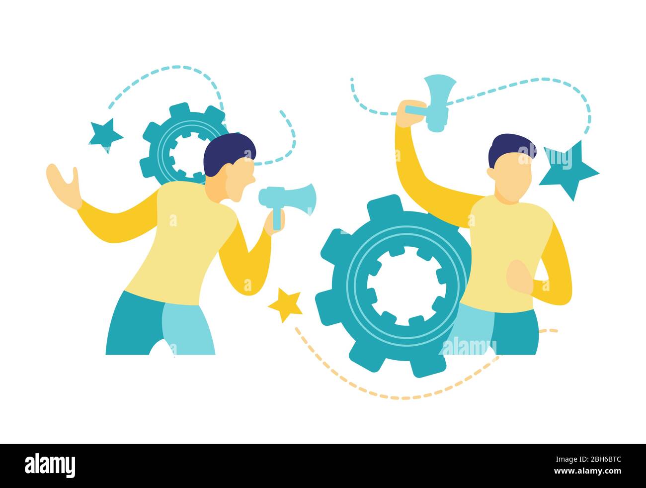 Flache Vektorgrafik von zwei Männern mit einem Megaphon in Blau und Gelb. Stock Vektor