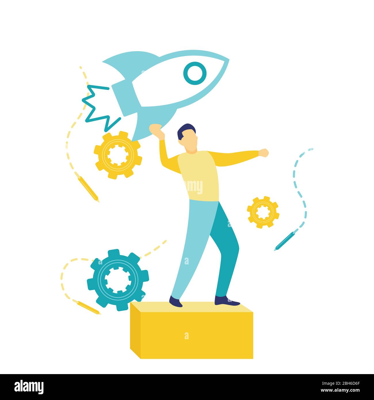 Flache Vektor-Illustration eines Geschäftskonzepts, zuversichtlich jungen Geschäftsmann im Anzug stehen auf gelben Box und starten große gezogene Rakete Stock Vektor