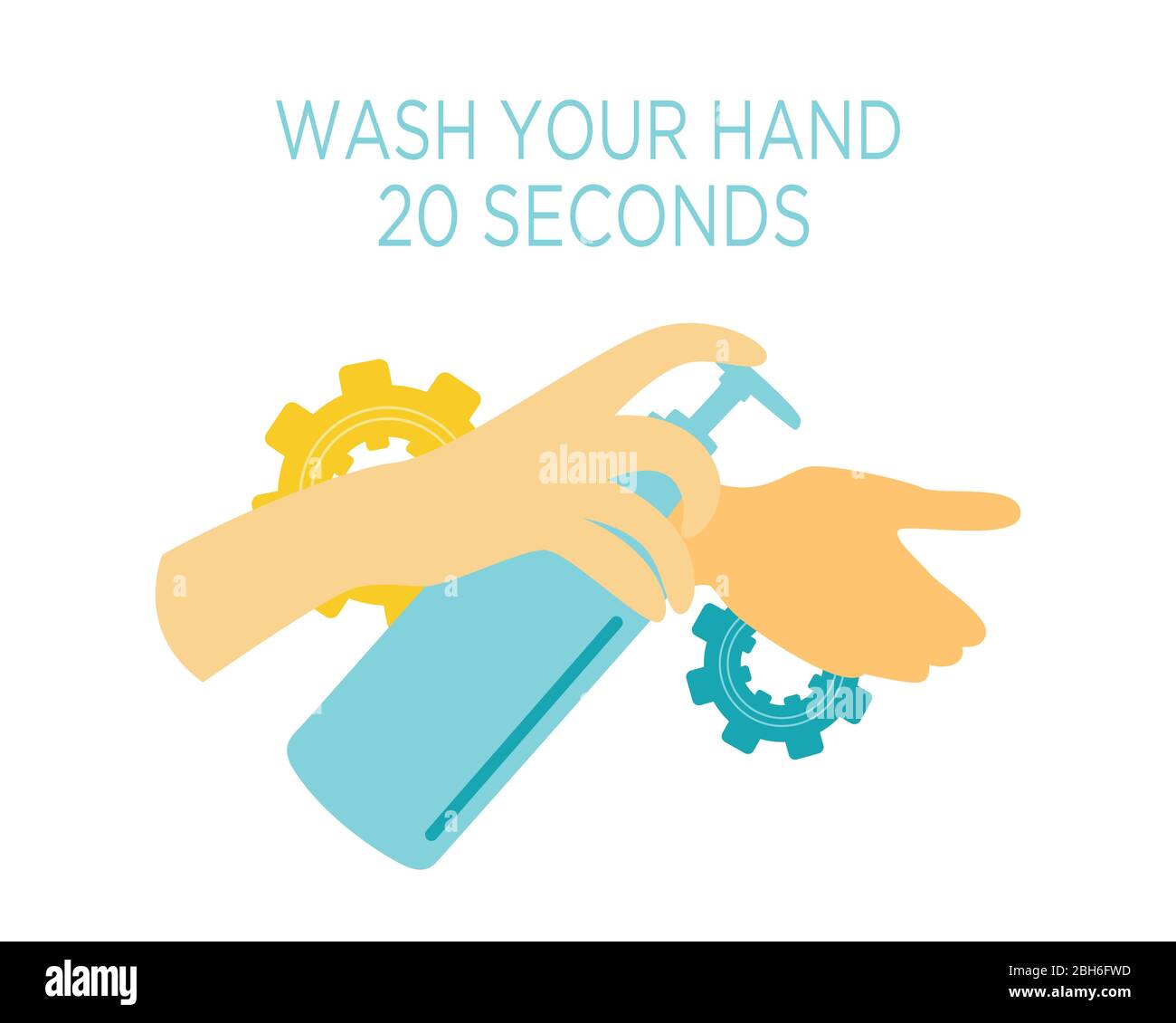 Flache Darstellung des Händewaschens für 20 Sekunden, um die Ausbreitung des Corona-Virus 19 in blau und gelb zu verhindern. Stock Vektor