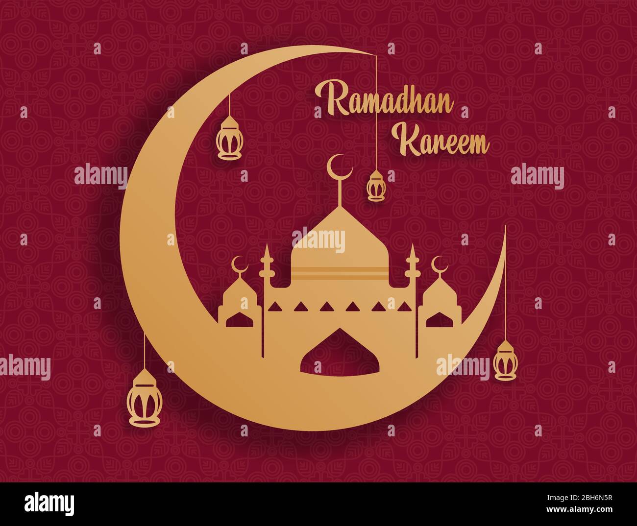 vektor des Ramadan Kareem aus der Kombination von Mond und Moschee in orange-gelb. Auf rotem Hintergrund mit Muster Stock Vektor