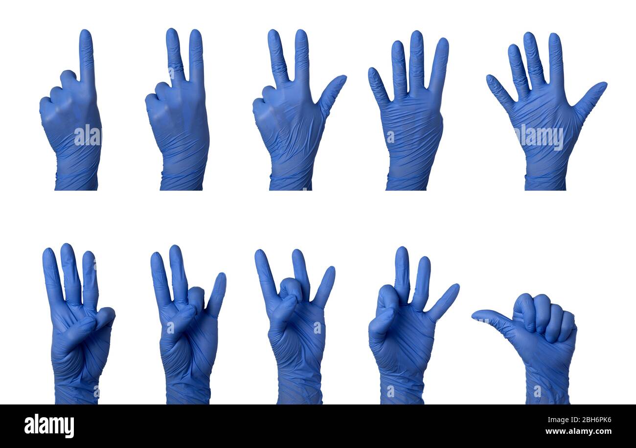 Hand in chirurgischen Handschuh Zählen eins bis zehn in American Sign Language isoliert auf weißem Hintergrund Stockfoto