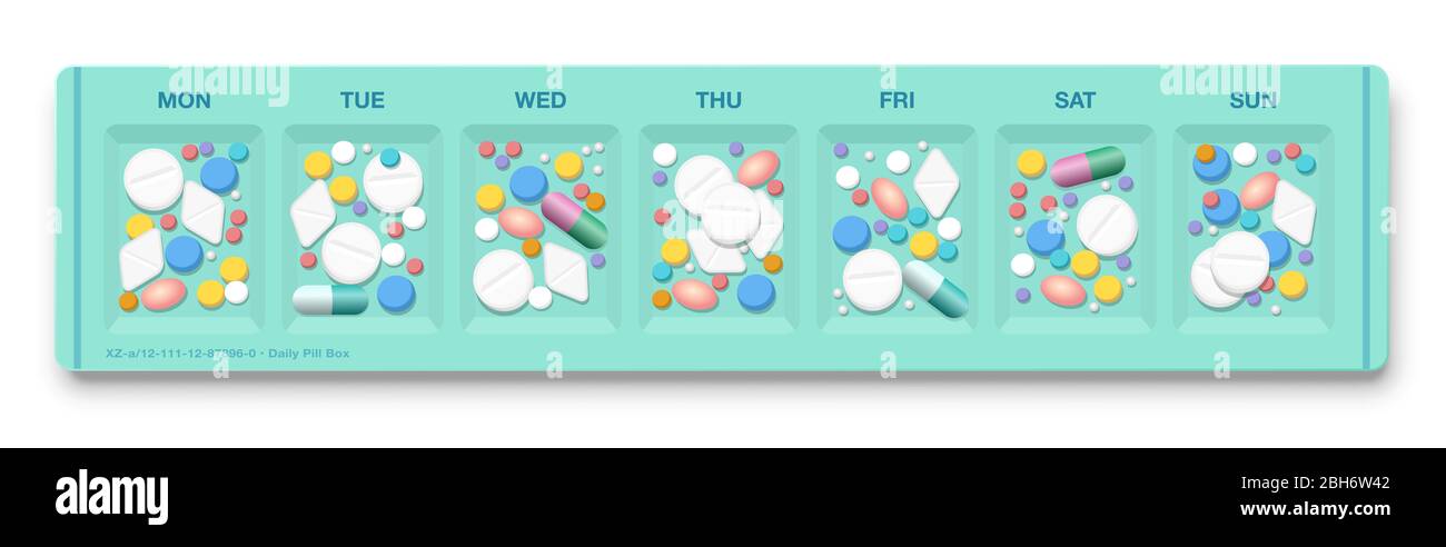 Pille Veranstalter mit vielen Drogen, Symbol für Übermedikation, Überdosis, Hypochondrien, medizinische Nebenwirkungen, sucht nach Pillen und große Pharma-Geschäft. Stockfoto