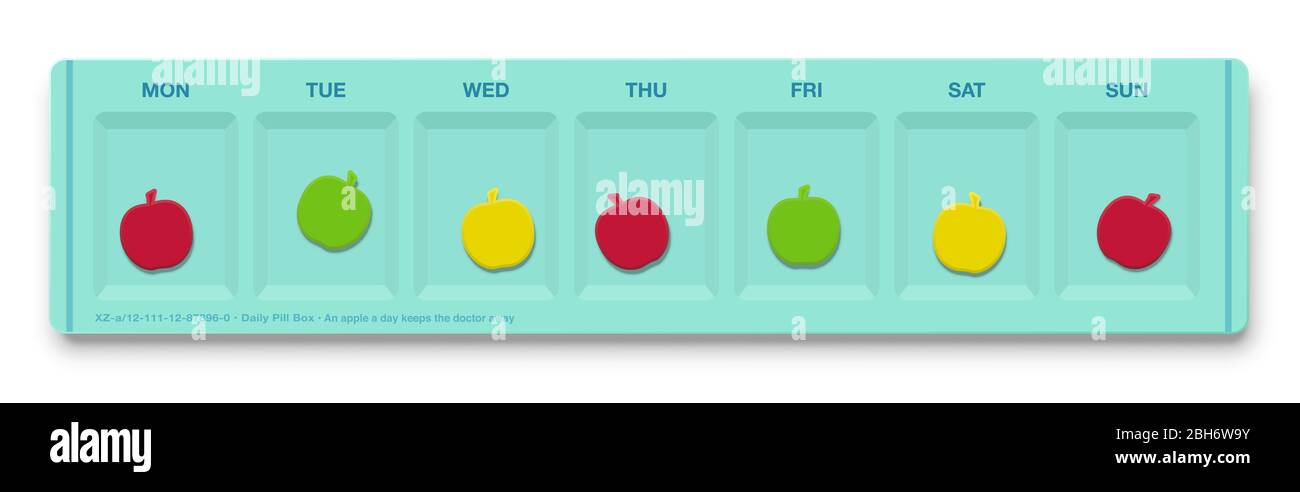 Pille Veranstalter mit Apfel-förmigen Pillen statt echten Drogen. Ein Apfel am Tag hält den Arzt fern - Illustration auf weißem Hintergrund. Stockfoto