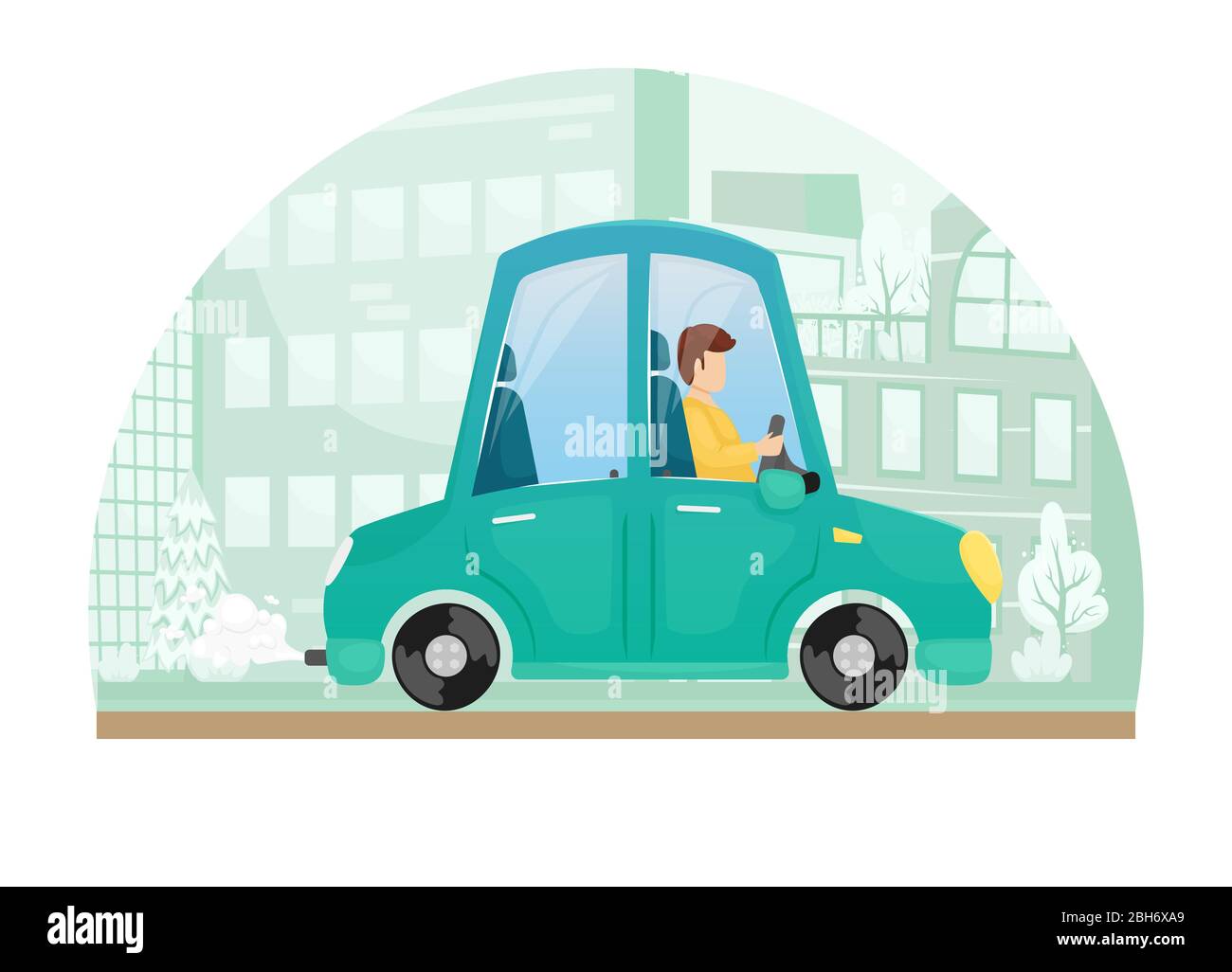 Vektor-Illustration eines Mannes, der einen blauen Cartoon-Auto. Stadtausflüge mit dem Auto. Stock Vektor