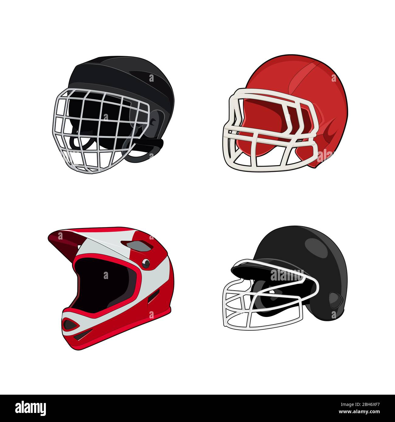 American Football, Eishockey, Baseball, Motorrad Uniform Helm. Schutzausrüstung für Rugby-Köpfe. Isolierte Vektordarstellung. Stock Vektor