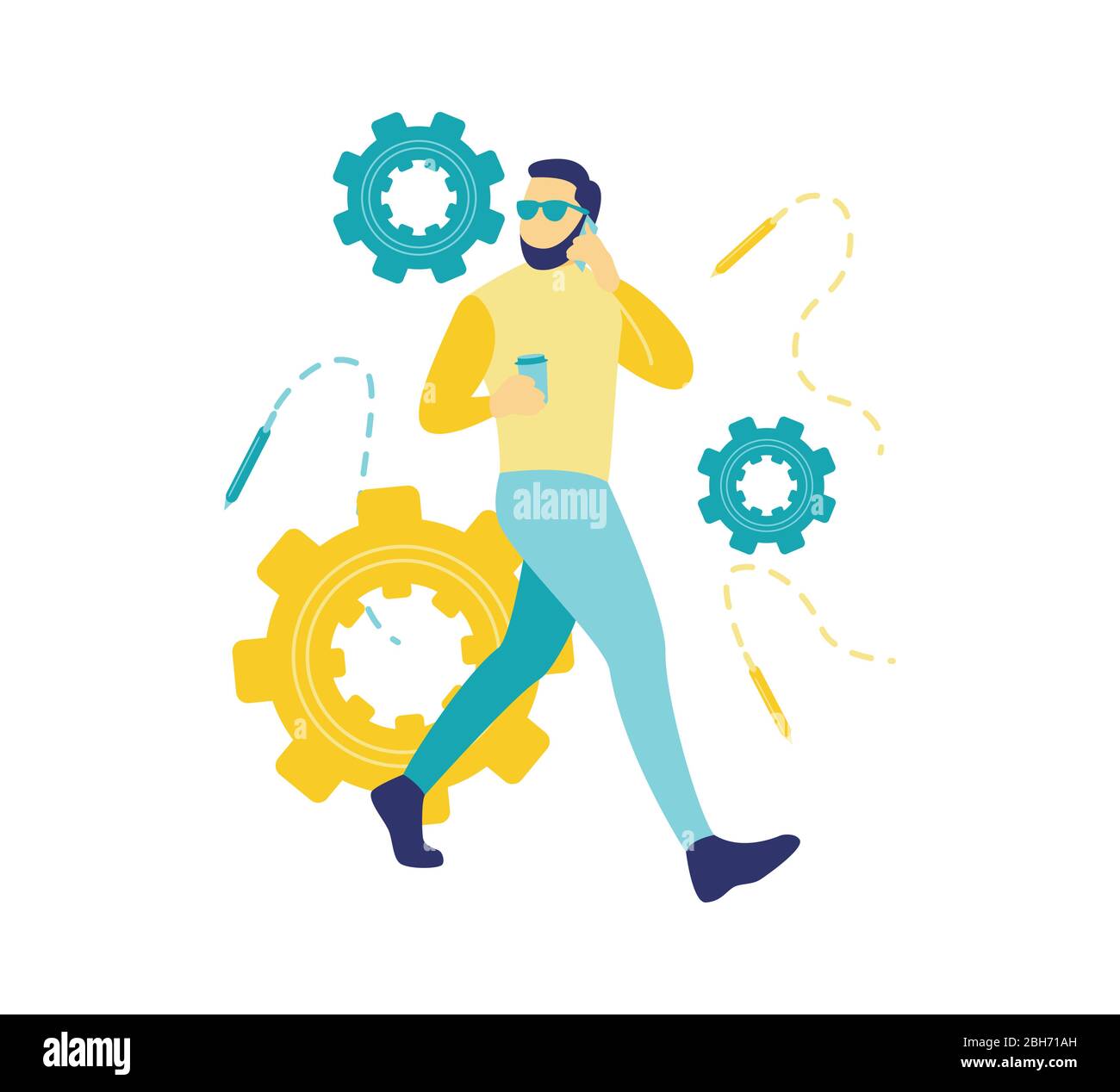 Flache Vektor-Illustration eines Geschäftskonzepts, ein schöner bärtiger junger Geschäftsmann, der auf einer weißen Wand beim Kaffeetrinken geht. Sprechen Sie am Telefon. Stock Vektor