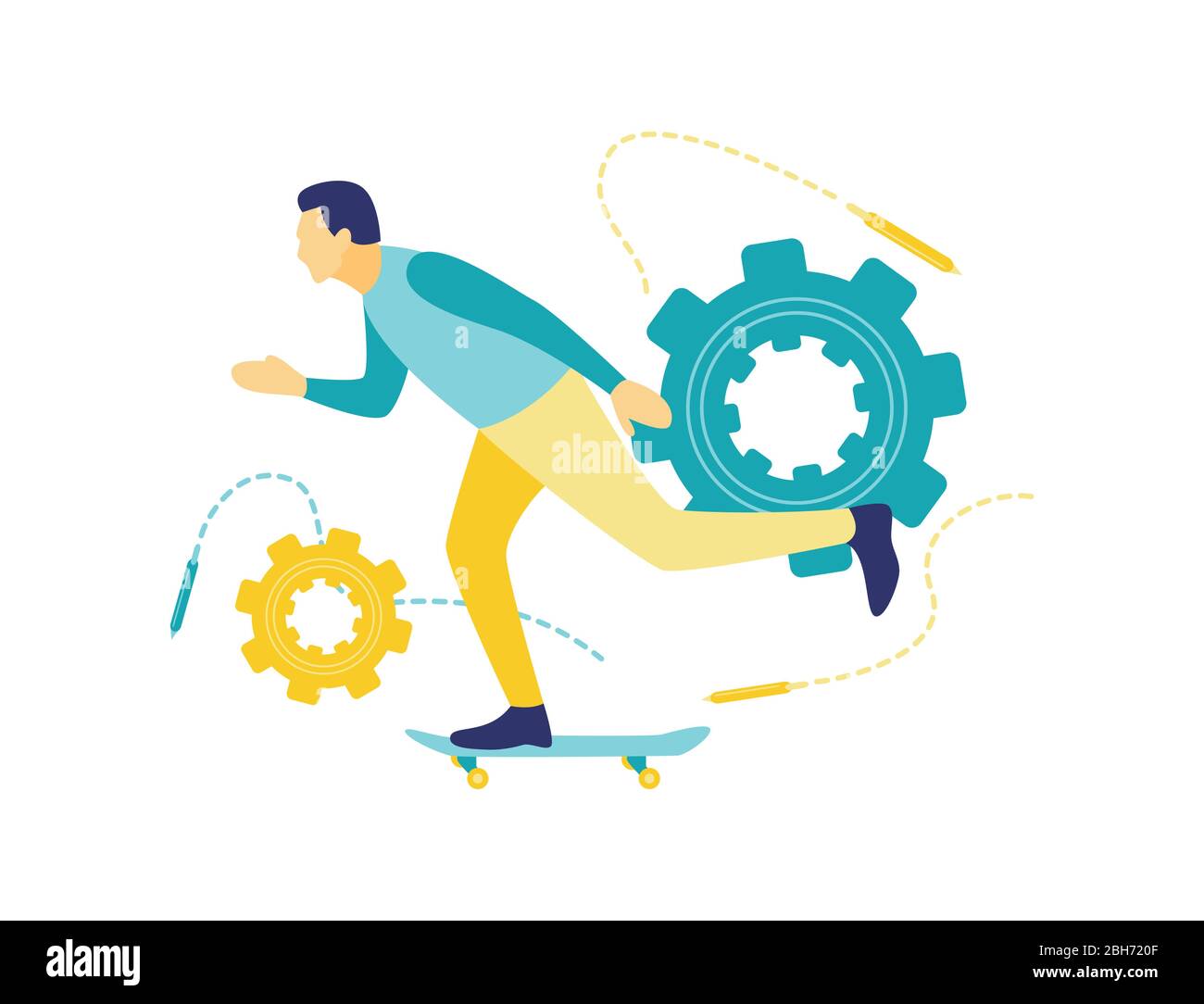Flache Vektor-Illustration eines Geschäftskonzepts, ein Geschäftsmann mit einem Skateboard eilt ins Büro zu gehen. Disziplin der Zeit in gehen zur Arbeit. Stock Vektor