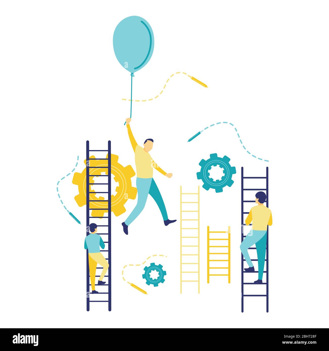 Flache Vektor-Illustration eines Geschäftskonzepts, ein fliegender Geschäftsmann hält einen Ballon, Mann klettert Leitern. Das Konzept von Erfolg und Karriereentwicklung Stock Vektor