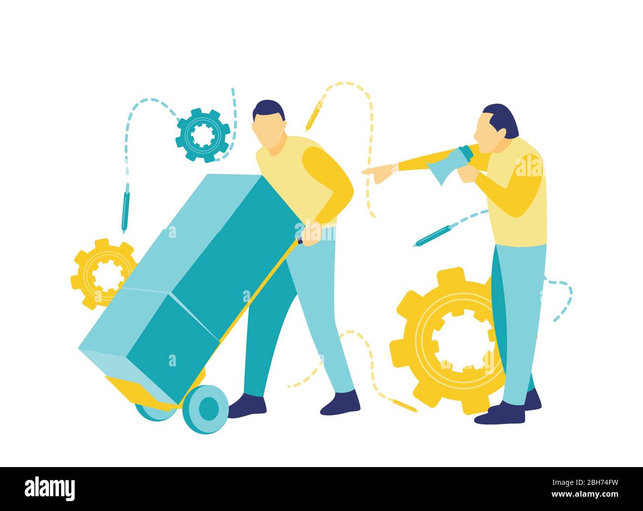 Illustration eines Chefs, der Arbeiter anschreit, die Lautsprecher verwenden, um schneller und effizienter in einem flachen blau-gelben Stil zu arbeiten. Stock Vektor