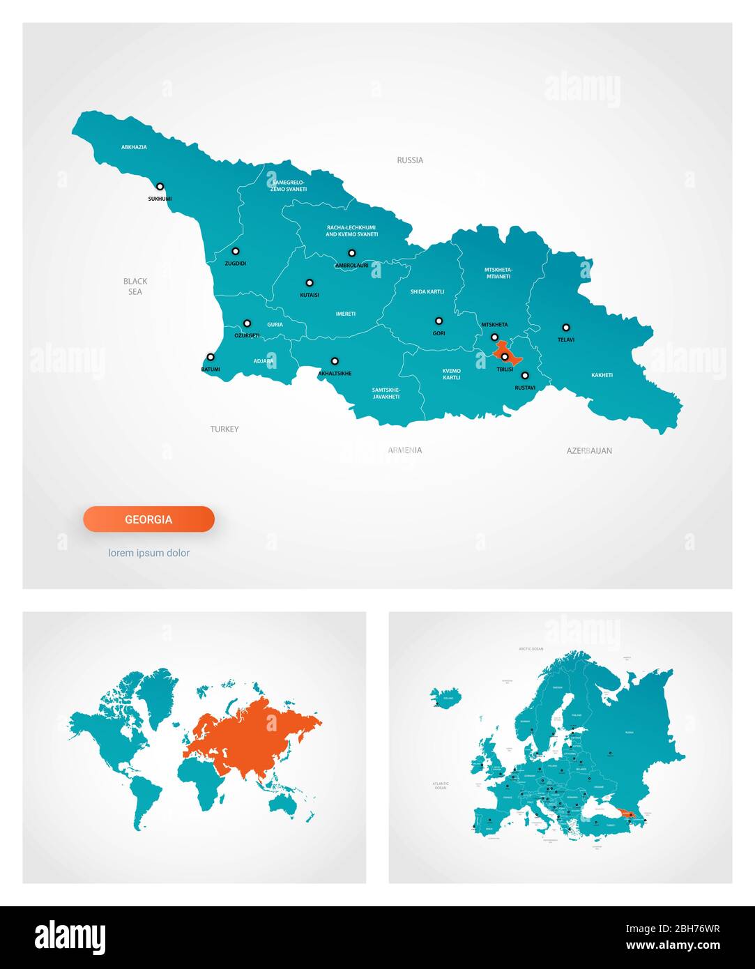 Editierbare Vorlage Der Karte Von Georgien Mit Marken. Georgien Auf Der