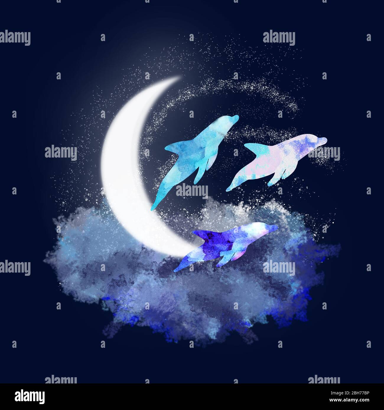 Drei Delphine im Mondlicht. Wolken und Sterne oder Meereswellen und Spritzer. Mondnacht und Delfine schöne Illustration. Stockfoto