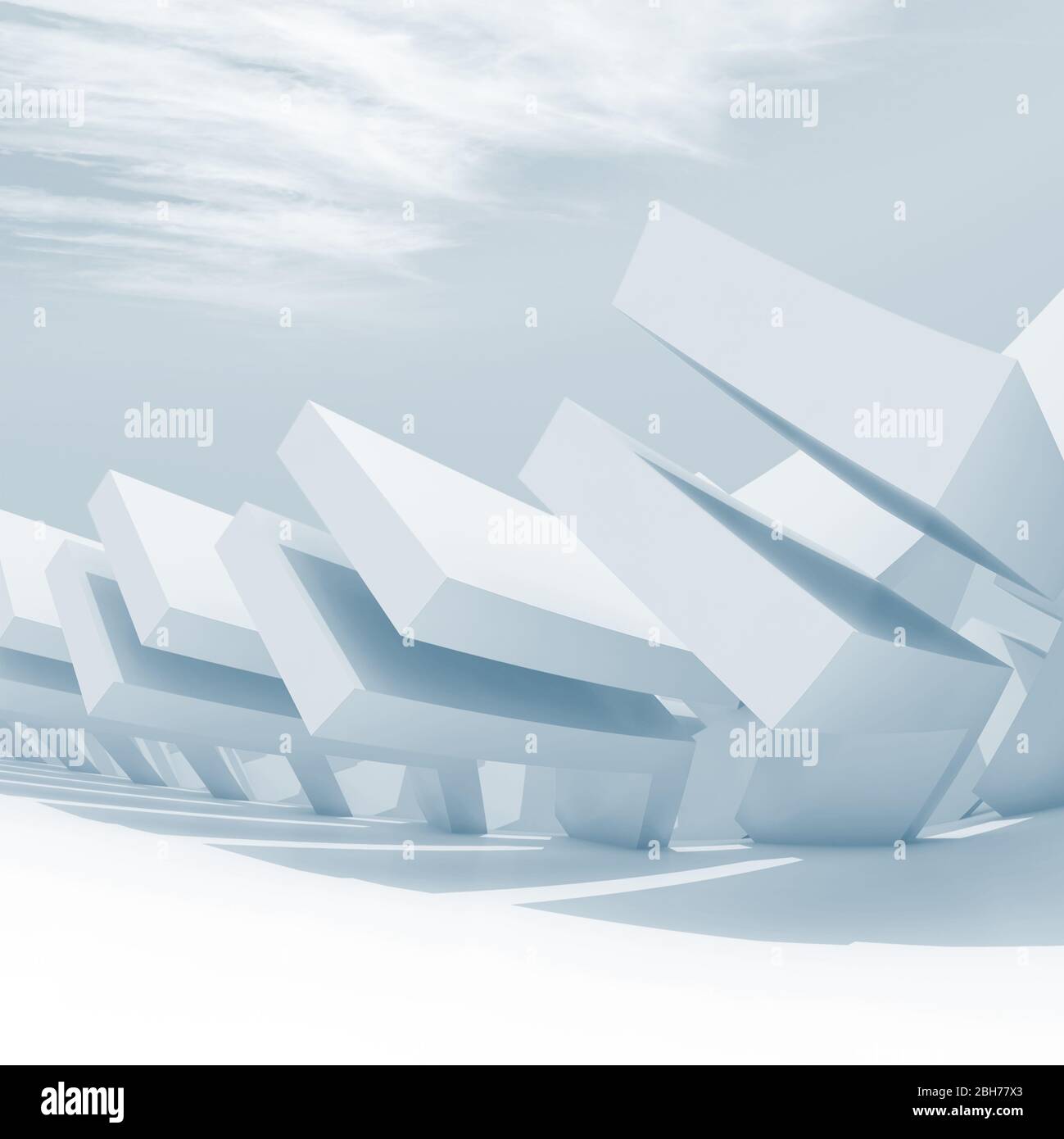 Abstrakt minimaler Hintergrund, blaue Installation unter bewölktem Himmel, quadratische 3d-Rendering-Illustration Stockfoto
