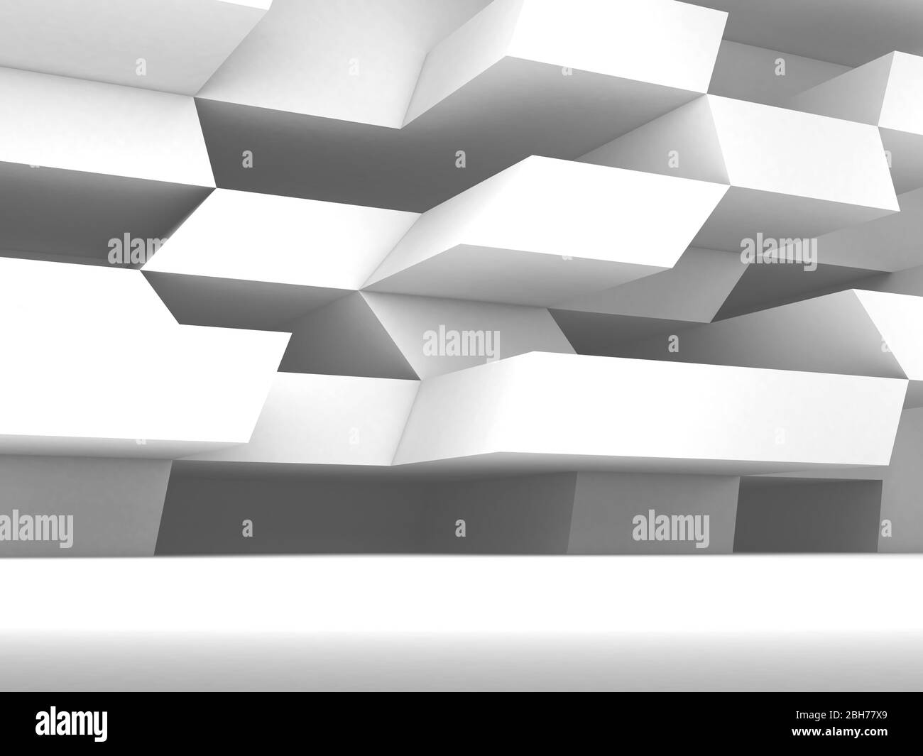 Abstrakt weißer Innenhintergrund, ein leerer Raum mit parametrischer Installation an der Wand, 3d-Rendering-Illustration Stockfoto