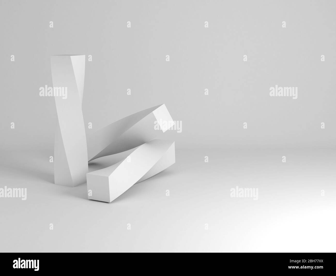 Abstrakte weiße Stillleben Installation mit gedrehten geometrischen Primitiven. 3d-Rendering-Illustration Stockfoto