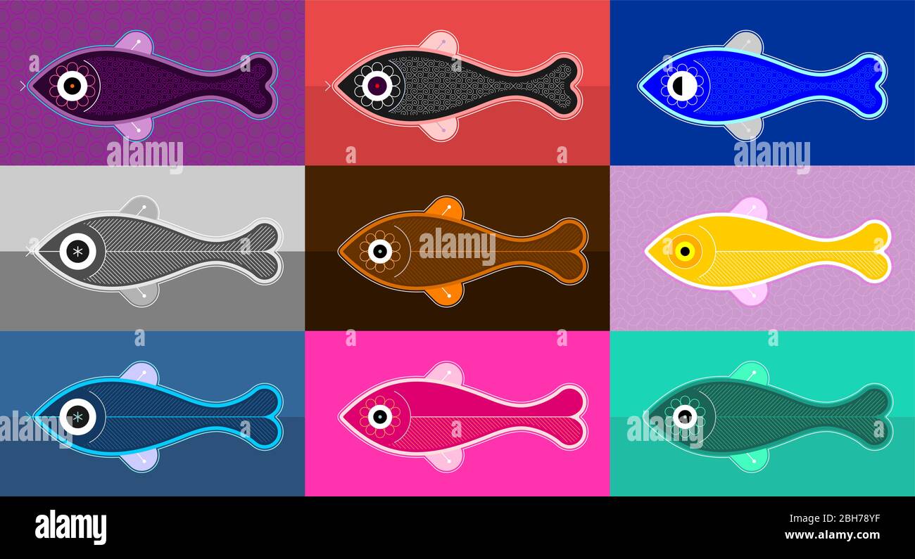 Pop-Art-Stil Fisch-Icon-Set Stock Vektor
