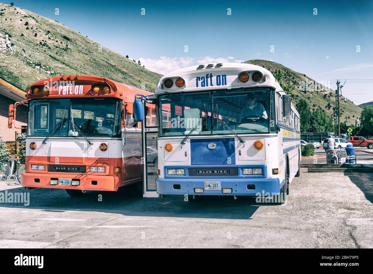 JACKSON HOLE, WY - 11. JULI 2019: Bunte Busse erwarten Kunden für Grand Teton National Park geführte Tour. Stockfoto