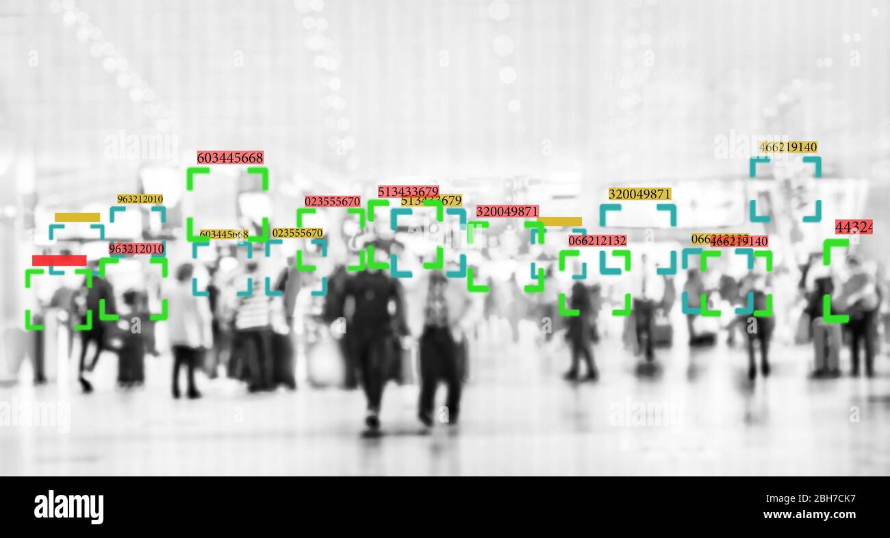 Gesichtserkennungstechnologie Konzept Abbildung: große Daten- und Sicherheit in der Stadt mit Masse Stockfoto