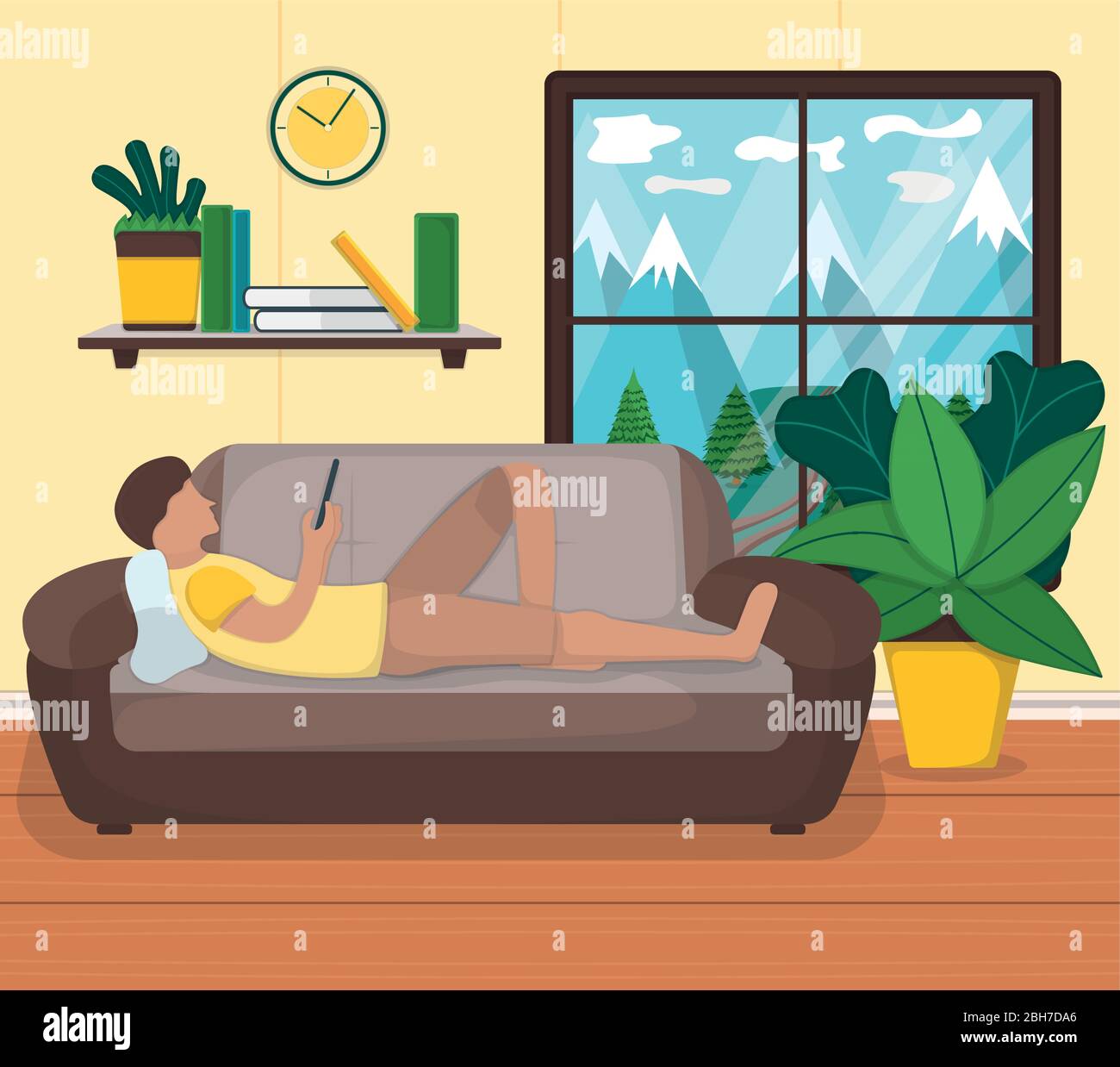 Männliche Charakter Rest Couch und Surfen Internet, Mann liegen Sofa  entspannen Cartoon Vektor Illustration. Design Innenraum Zimmer, Landhaus  Urlaub. Fenster mit Stock-Vektorgrafik - Alamy