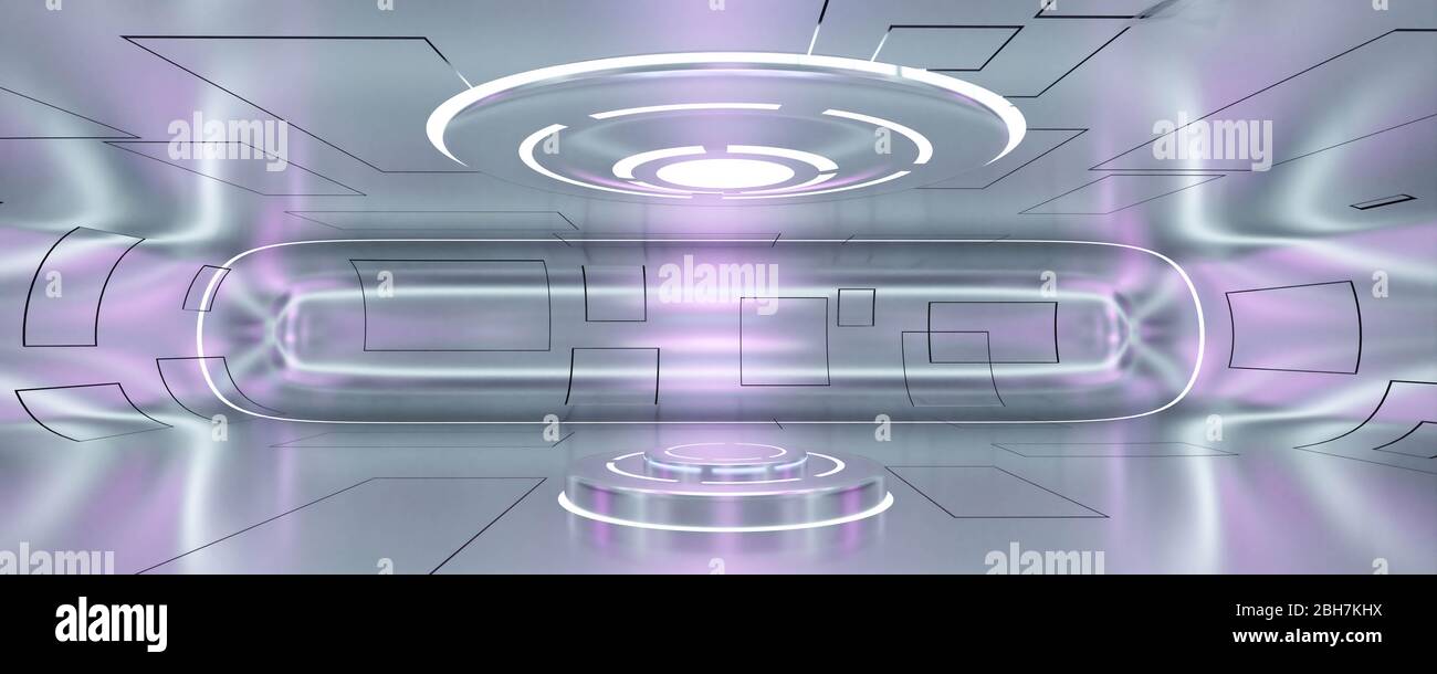 Moderne futuristische Interieur Metallic Raum Schiff Technologie Raum 3d-Illustration Rendern Hintergrund mit Neon-Magenta und blaue Beleuchtung Stockfoto