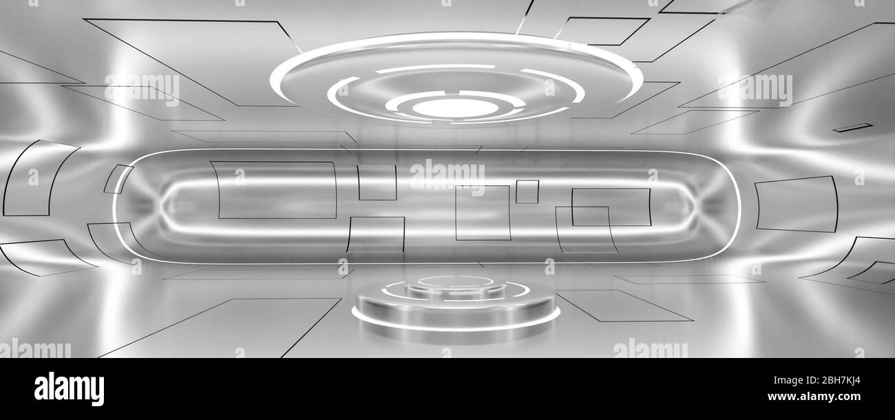 Moderne futuristische Interieur metallischen Raum Schiff Technologie Raum 3d Illustration Hintergrund rendern Stockfoto