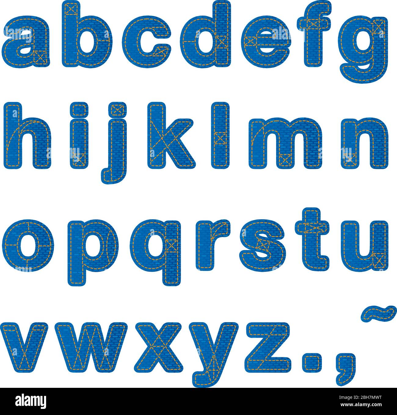 Vector Illustration. Jeans Alphabet in Kleinbuchstaben typo in Blau, Nähen. Stock Vektor