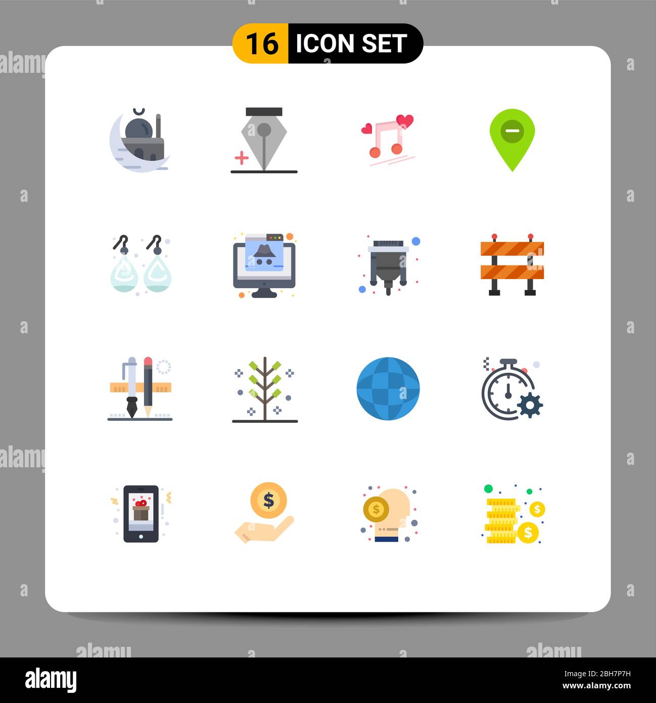 Moderne Satz Von 16 Flat Farben Und Symbole Wie Stift Karte Musik Knoten Ort Song Editierbar Pack Von Creative Vector Design Elemente Stock Vektorgrafik Alamy