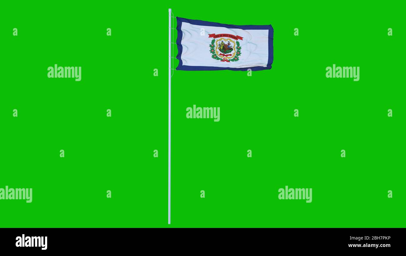West Virginia Staat Flagge winken auf Wind auf grünen Bildschirm oder Chroma-Taste Hintergrund. 3d-Rendering. Stockfoto