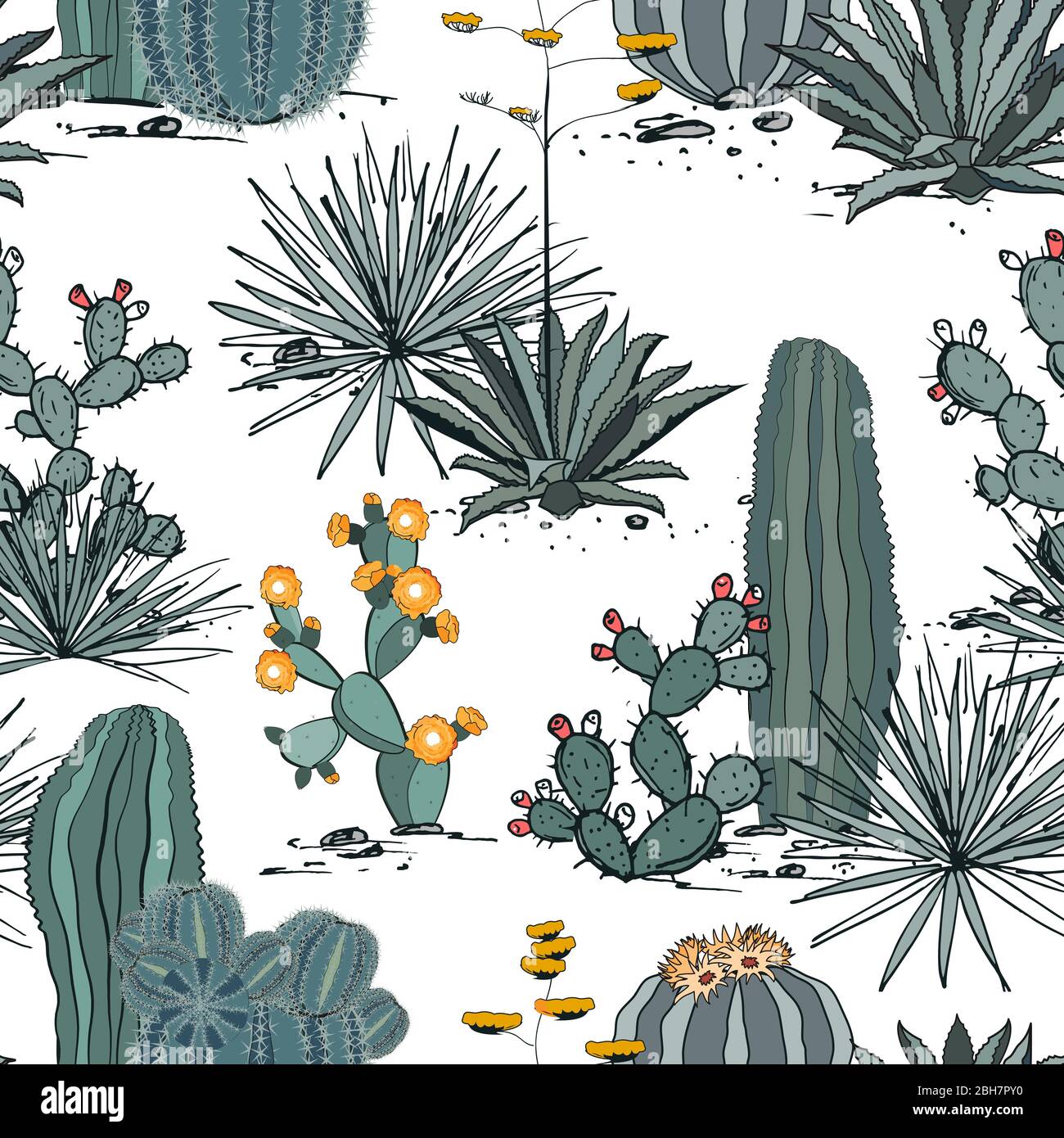 Nahtloses Muster mit Kaktuspflanzen, blauer Agave und Kaktusbirne. Perfekt für Ihr Projekt, Hochzeit, Grußkarte, Fotos, Blogs, Tapeten, Textilien Stock Vektor