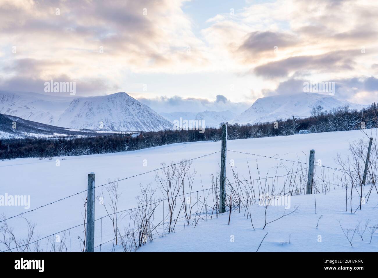 Eisige Winterlandschaft in der Wildnis der Tundra in Nordnorwegen, in der Nähe der Stadt Tromsoe Stockfoto