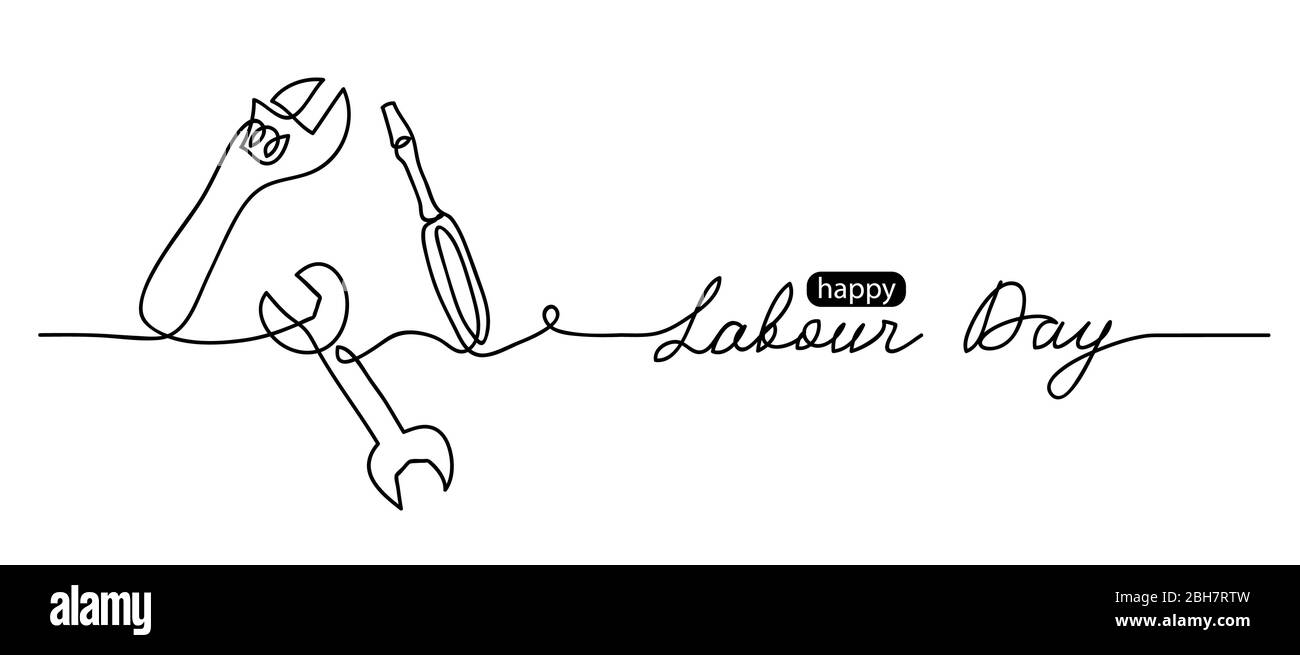 Happy Labor Day Einfache Vektor-Web-Banner. Satz von Werkzeugen. Schriftzug Labor Day. Schwarz-weiß Hintergrund, Banner, Poster Stock Vektor