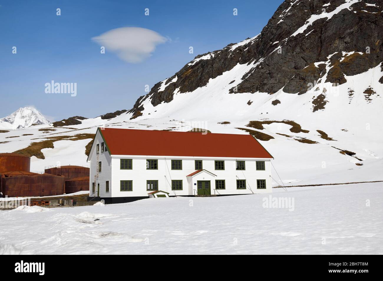 British Antarctic Survey Gebäude, ehemalige Walfangstation Grytviken, Süd-Georgien, Süd-Georgien und die Sandwich-Inseln, Antarktis Stockfoto