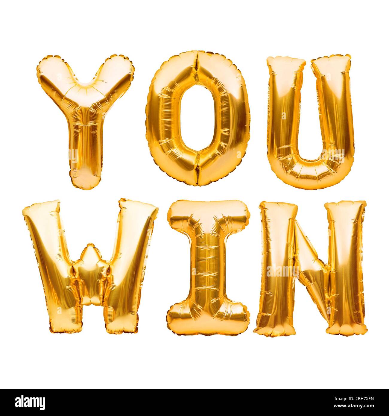 Wörter, DIE SIE GEWINNEN aus goldenen aufblasbaren Ballons isoliert auf weiß. Helium Ballons Gold Folie Buchstaben. Nachricht für Gewinner, Champion. Geschäftskonzept Stockfoto
