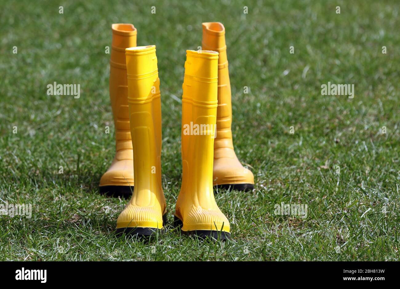 09.04.2020, Neuenhagen, Brandenburg - Deutschland - zwei Paar Gummistiefel stehen auf einer Wiese hintereinander. 00S200409D180CAROEX.JPG [MODUS Stockfoto