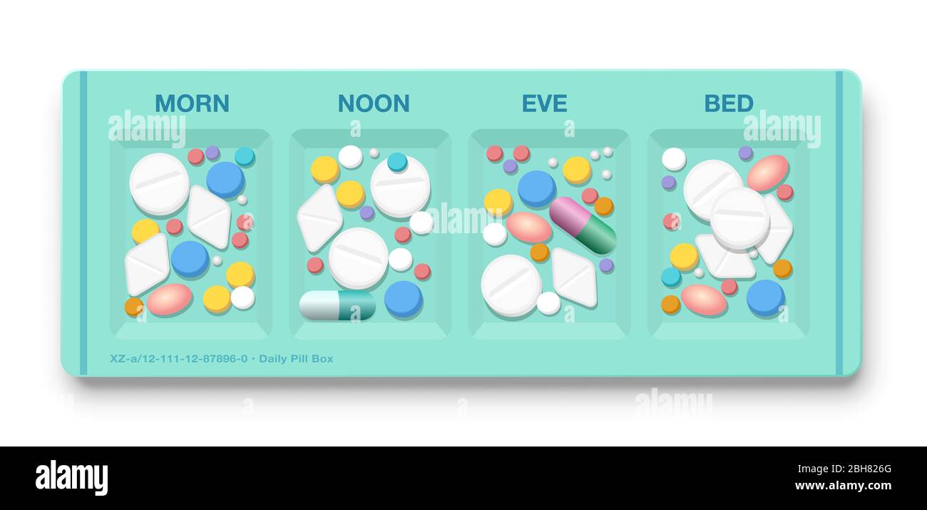 Pille-Box mit vielen Drogen pro Tag, Symbol für Übermedikation, Überdosierung, Hypochondrien, medizinische Nebenwirkungen, sucht nach Pillen und große Pharma. Stockfoto