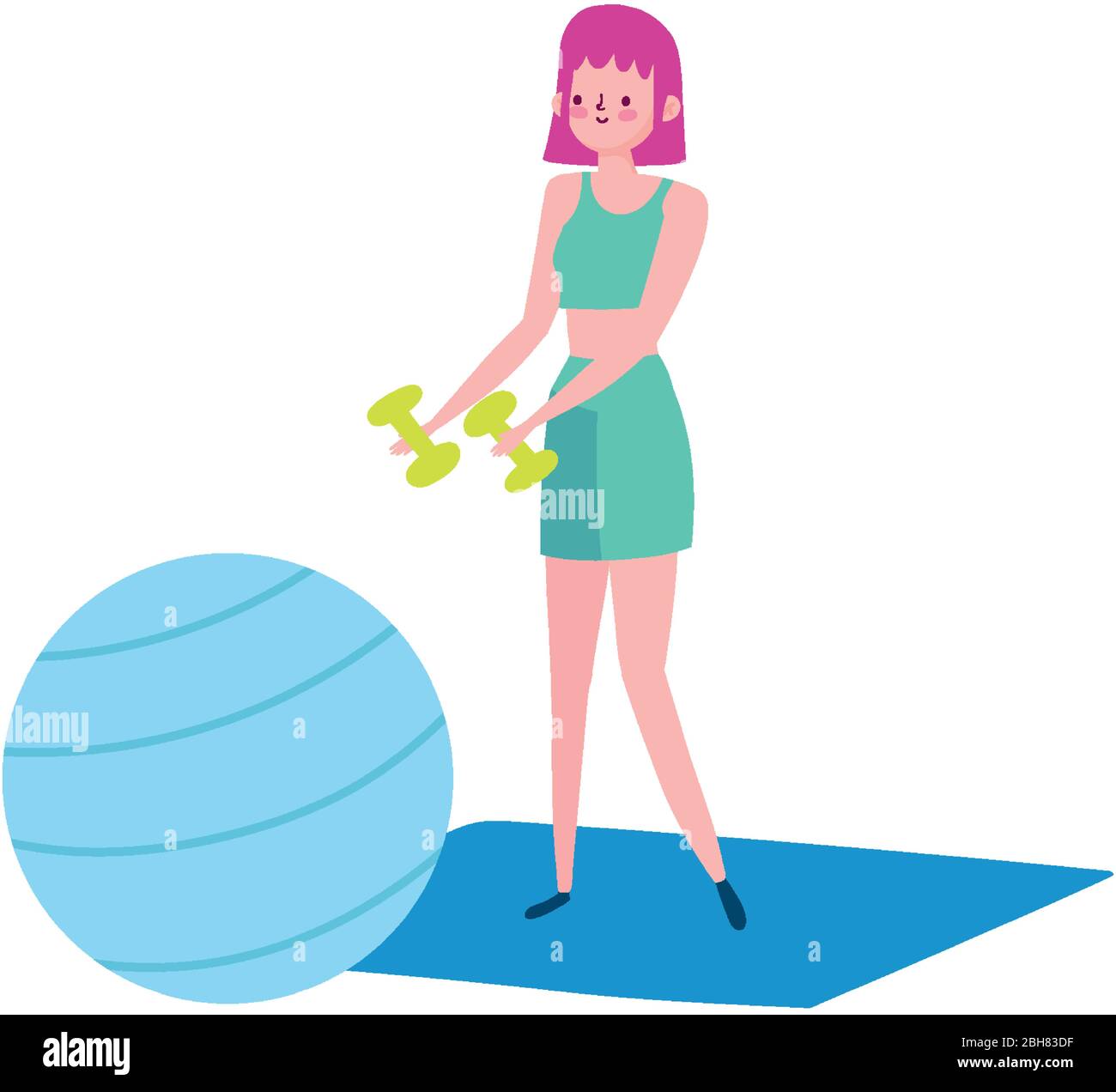 Junge Frau mit Hanteln und Fitball Matte, Übungen zu Hause Vektor-Illustration Stock Vektor