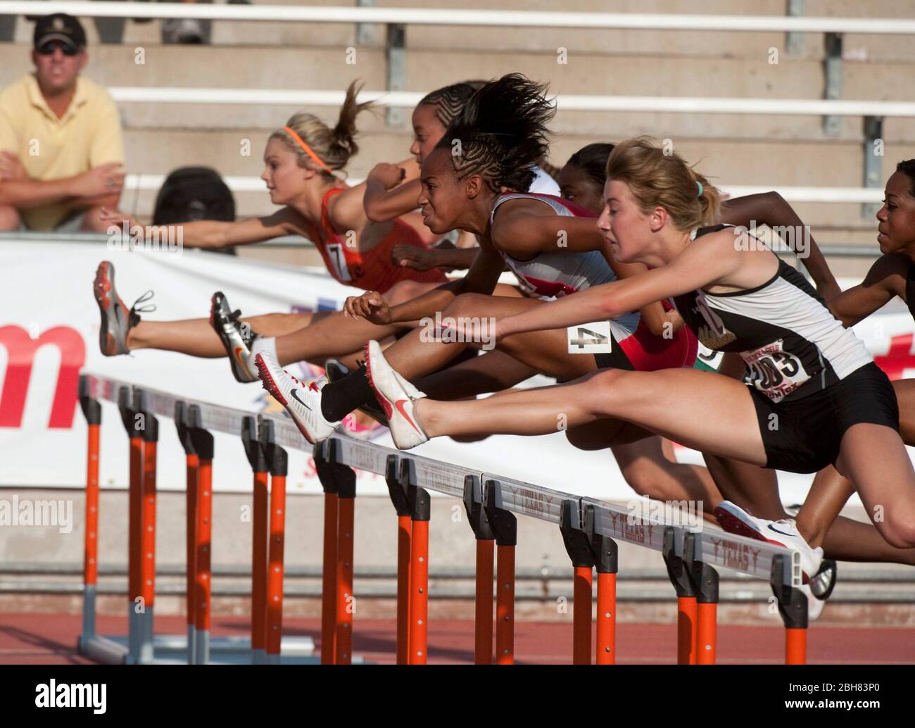 Austin Texas USA, 6. Juni 2009: Athleten müssen die 100-Meter-Hürden der Mädchen bei den Texas High School State Track Championships im University of Texas Track Stadium einspringen. ©Bob Daemmrich Stockfoto