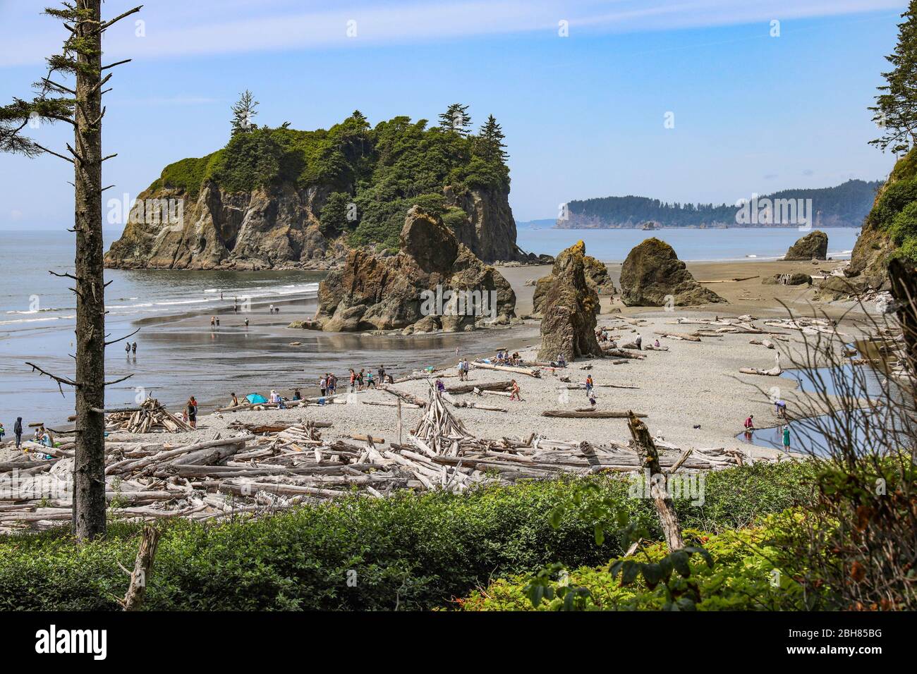 Abbey Island wird von Wasser umgeben sein, wenn die Flut hoch ist in Ruby Beach, Forks, Olympic National Park, Washington, USA Stockfoto
