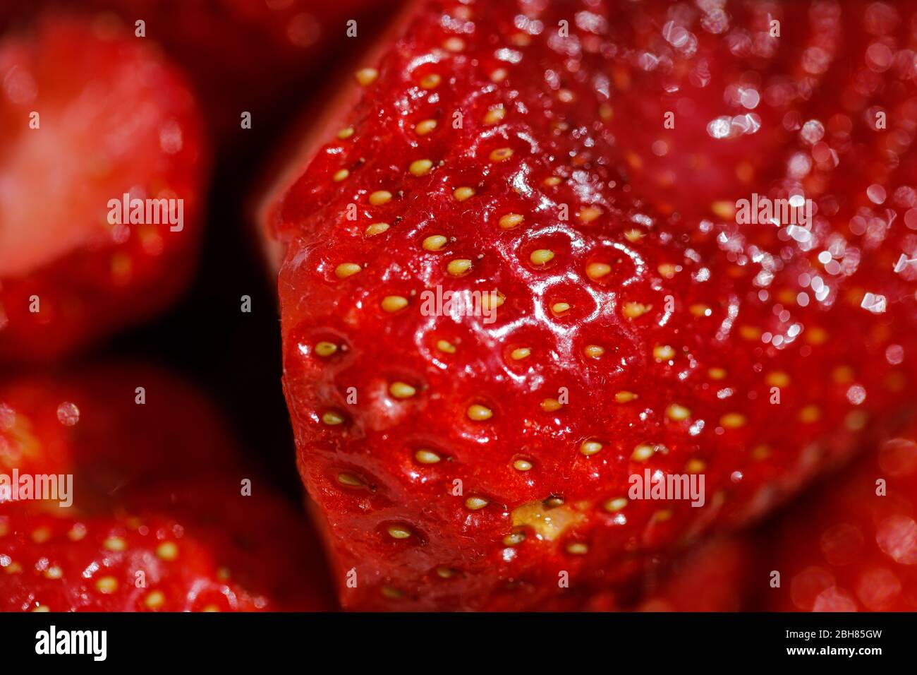 Geringe Schärfentiefe (selektiver Fokus) und Makrobild mit der Oberfläche und den Samen einer Erdbeere. Stockfoto