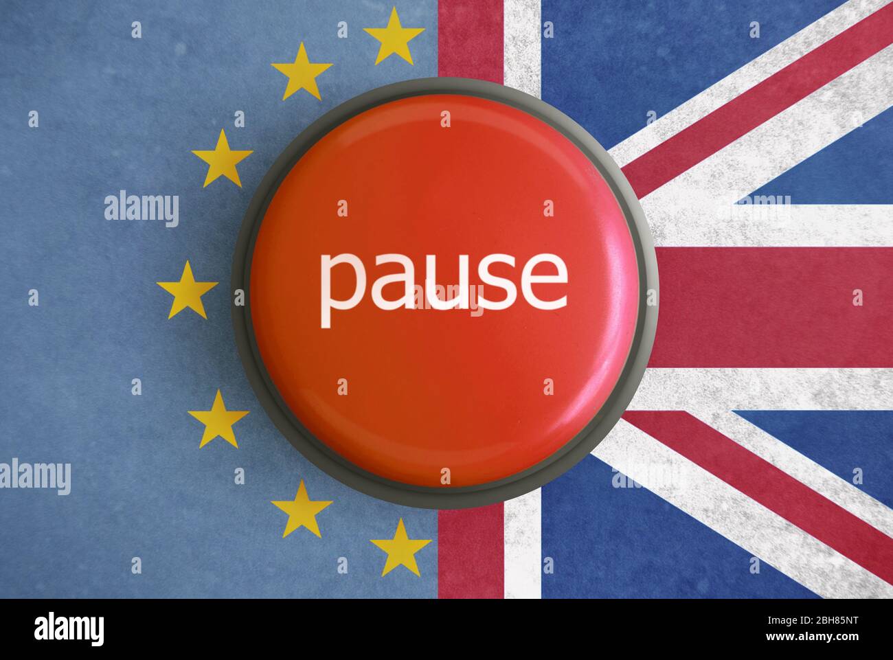 Brexit Pause Play Button vor eu und uk Flagge Hintergrund Stockfoto
