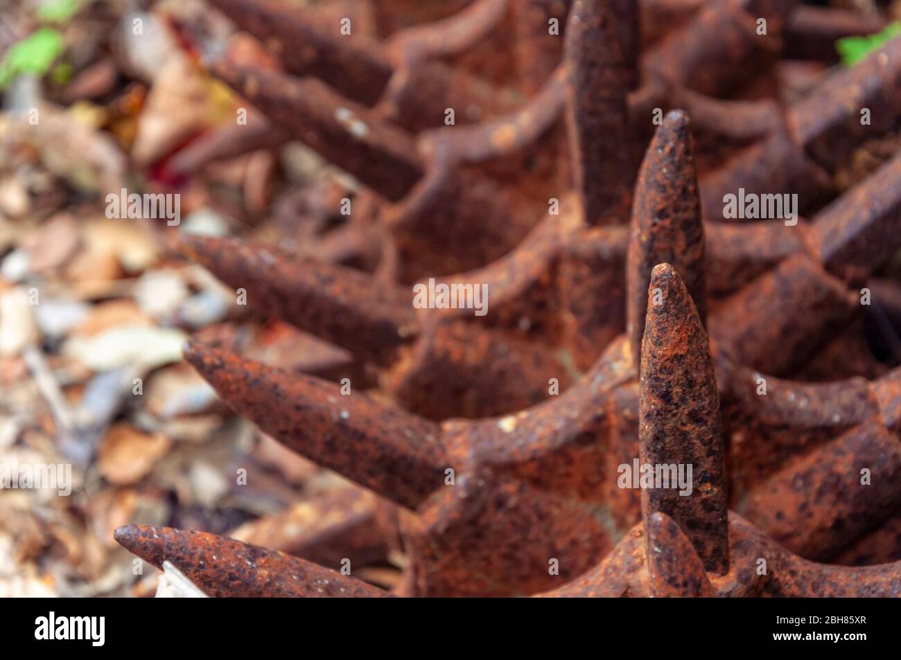 Alte Landmaschinen in der Nichtbenutzung und verrostet. Detail im Vordergrund Stockfoto