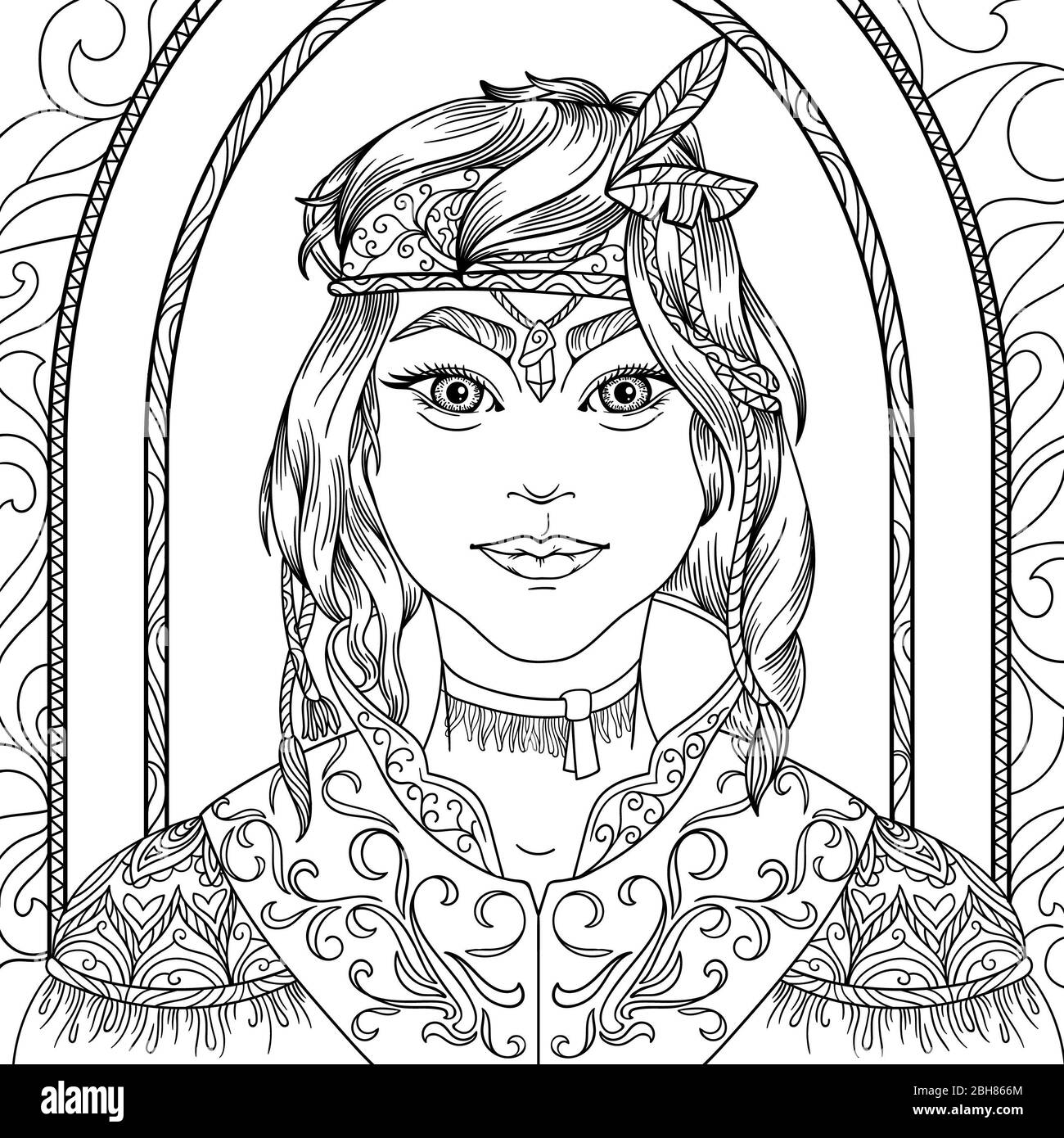 Malseite für Erwachsene Anti Stress mit schönen Mädchen Jäger Fantasy-Charaktere mit schwarzem und weißem Hintergrund Stockfoto