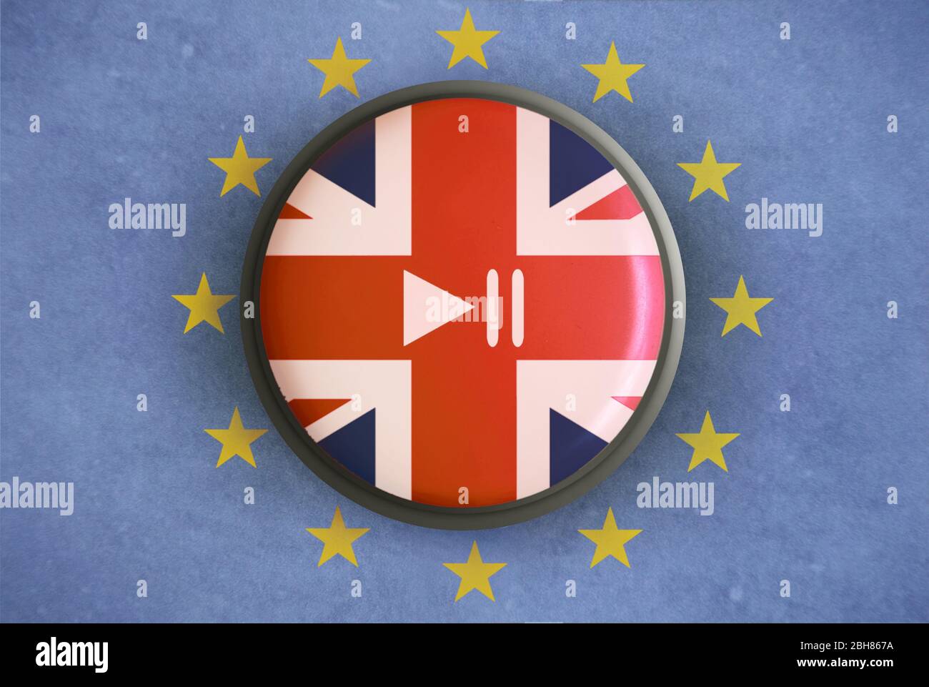 Brexit Pause Verzögerung Play-Taste vor eu und uk Flagge Hintergrund Stockfoto