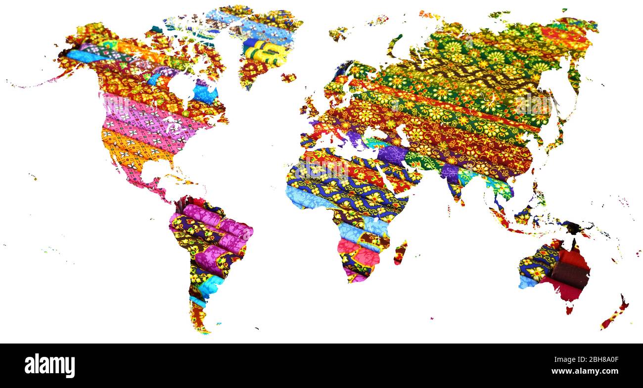 Weltkarte in mehrfarbigen Thai-Stoffen geschnitten Stockfoto