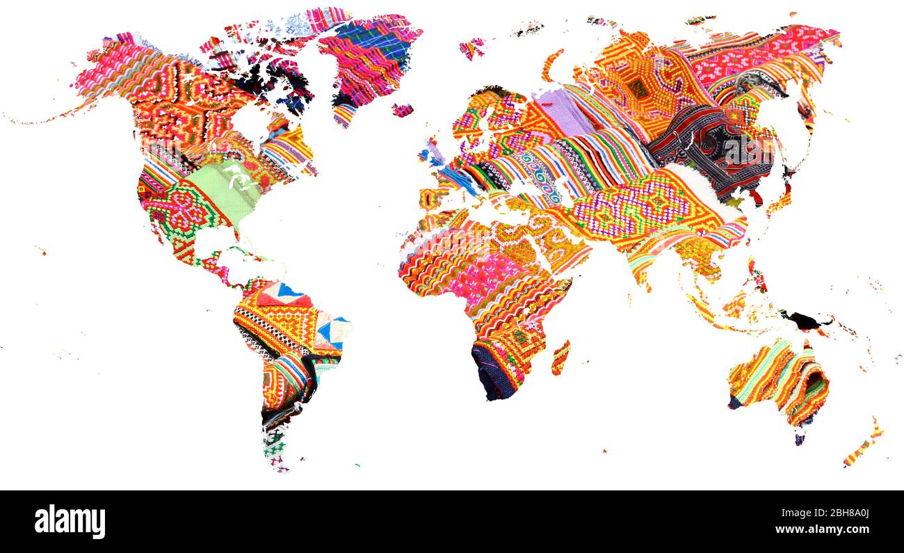 Weltkarte in vietnamesischen mehrfarbigen Stoffen geschnitten Stockfoto